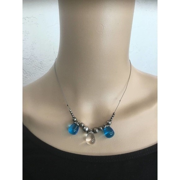 Necklace with Blue and Clear Glass Beads .925 - Picture 1 of 2